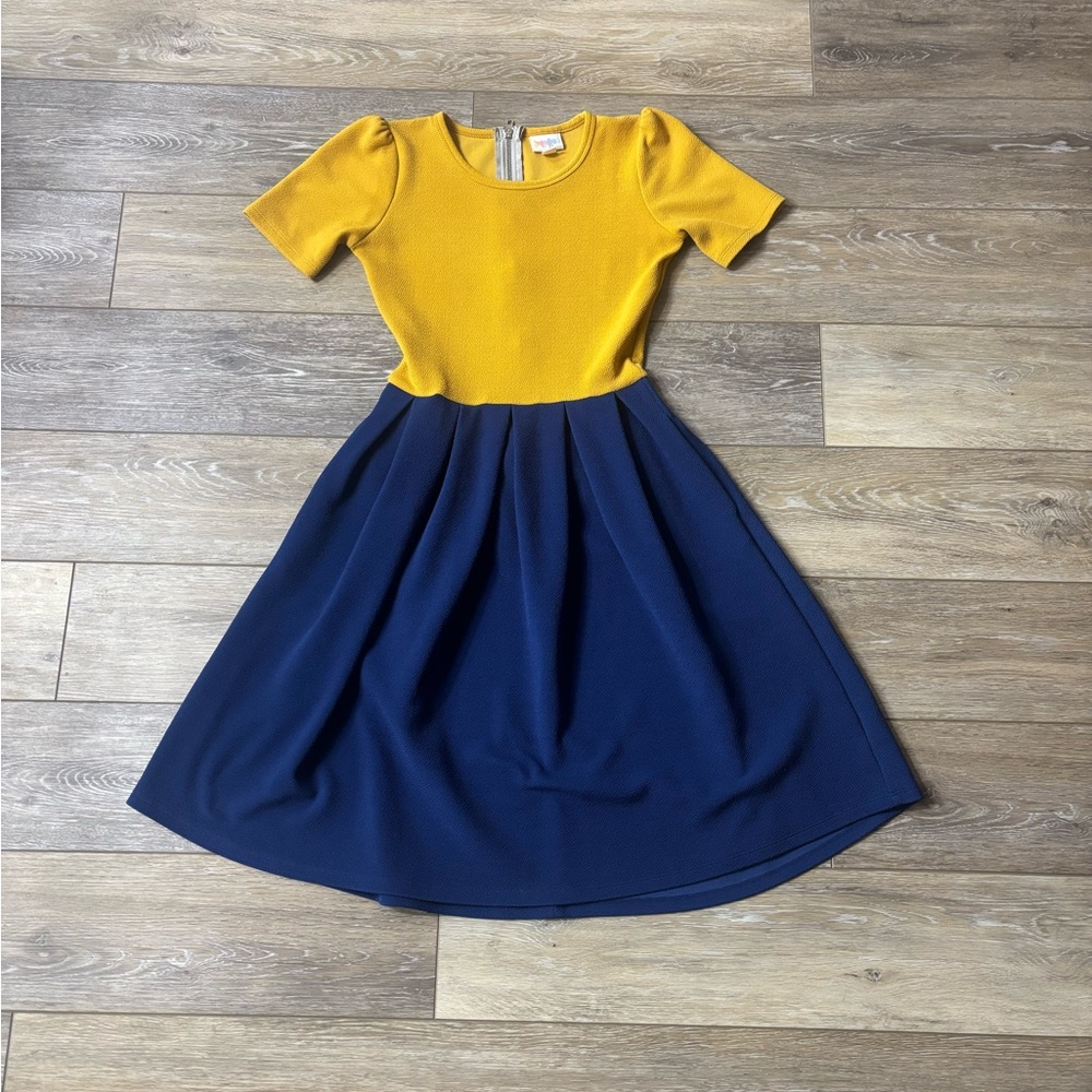 Lularoe Amelia Dress Sz XS Mustard Navy Colorblock Skater Retro Party Whimsical